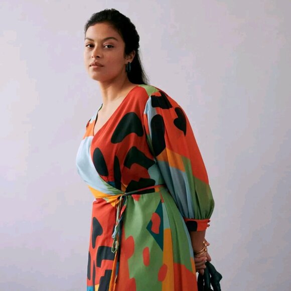 EUC ANTHROPOLOGIE Geo Wrap Maxi Dress Blue Motif Size 1X - Picture 2 of 13